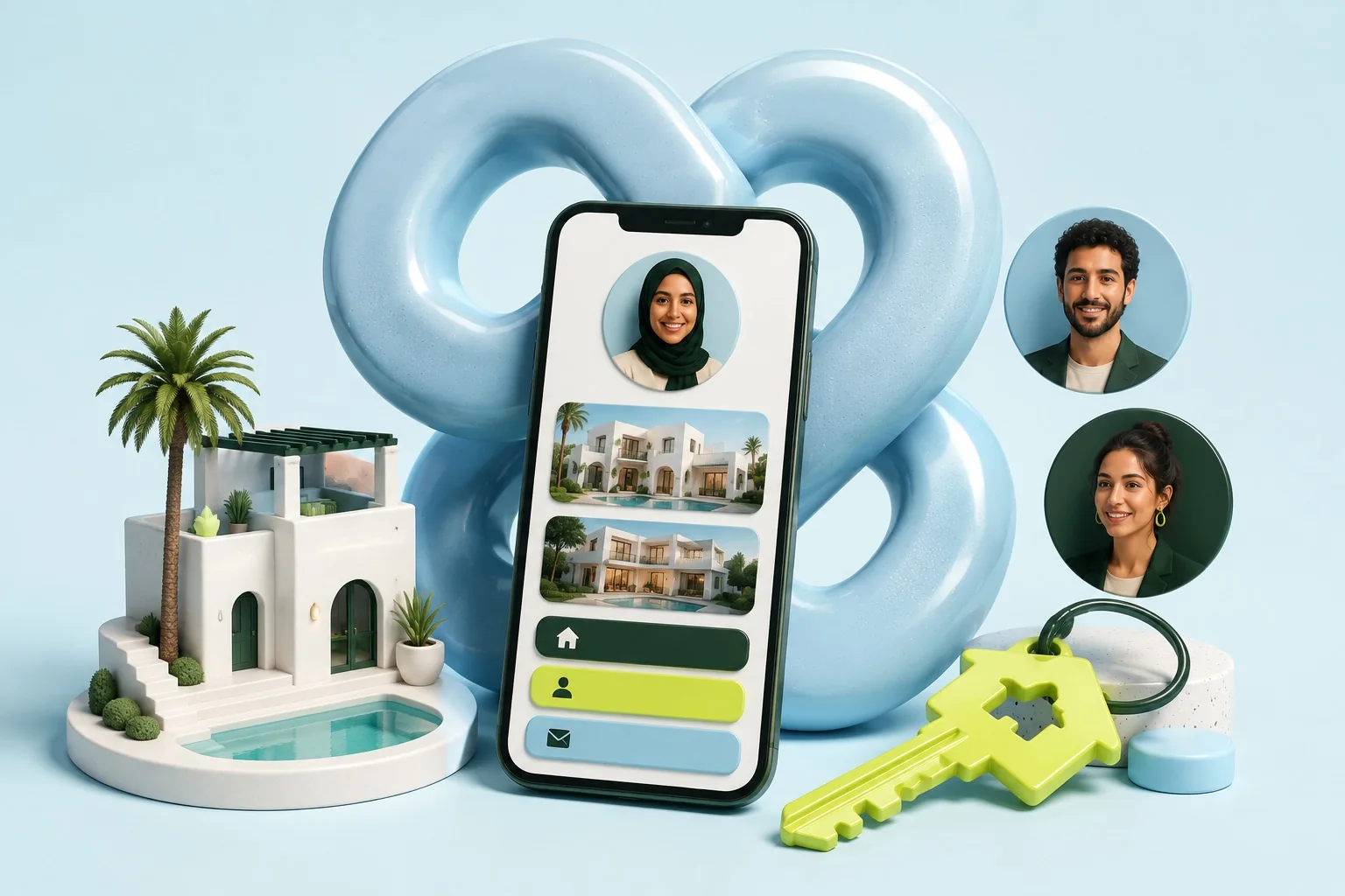 Un grand lien citron rassemble un profil sur téléphone, des avatars et une villa miniature.