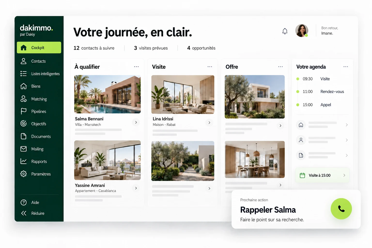 Illustrative Dakimmo dashboard with contacts, viewings, opportunities, a calendar and the next follow-up action. Fictional data; French interface shown.