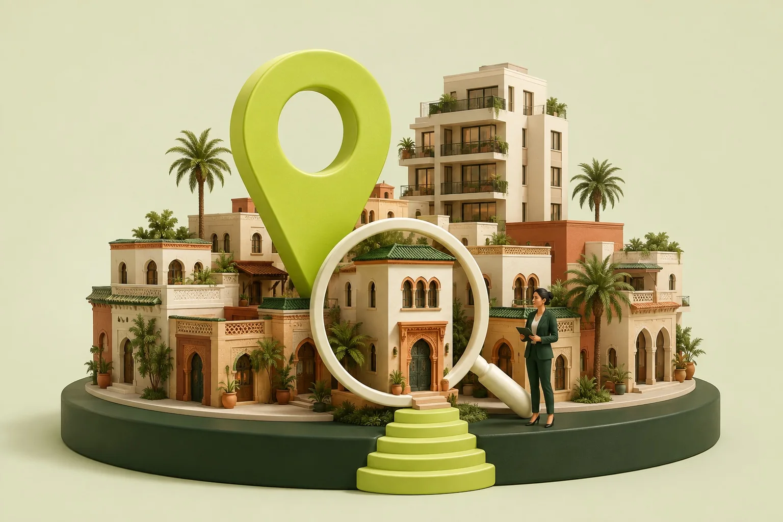 A miniature neighbourhood and magnifying glass highlight a local agency, search illustration